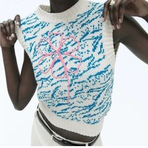 ZARA Cream and Blue Knit Sweater Vest with Pink Flower